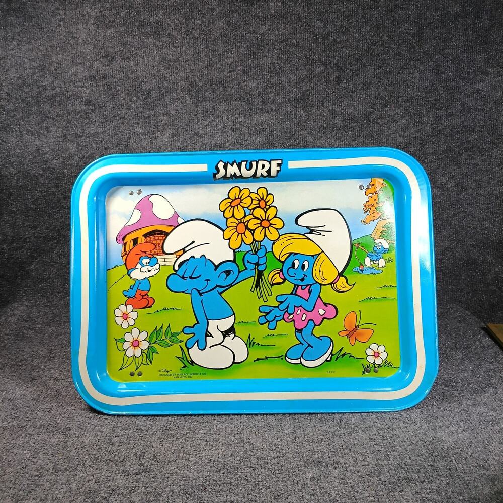 Vintage Smurf Lap Tray Folding Metal Legs Peyo TV Snack Tray